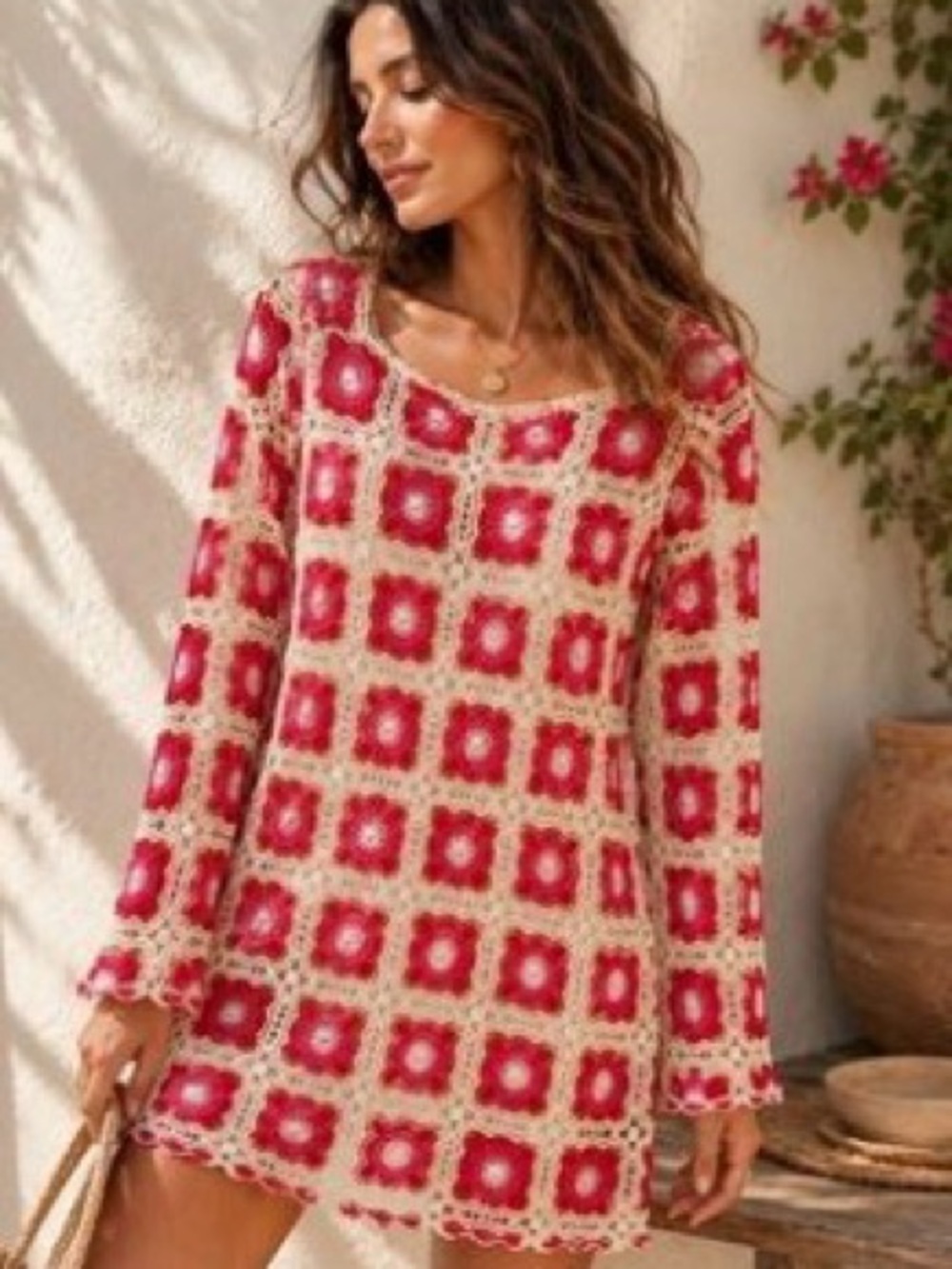 Chelsea & Violet Fuchsia and Cream Crochet Square-Pattern Long Sleeve Dress